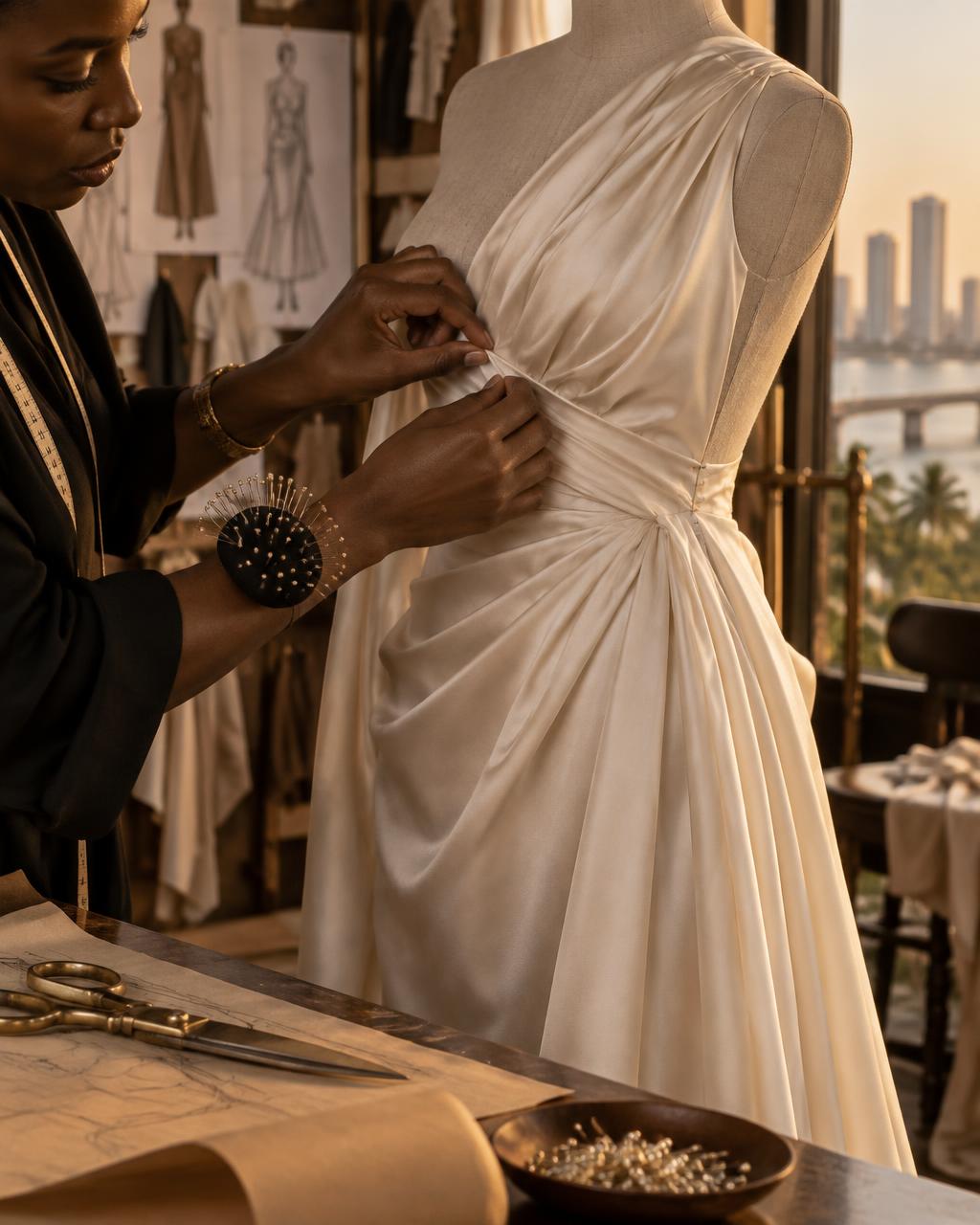 A garment being draped by hand in the atelier