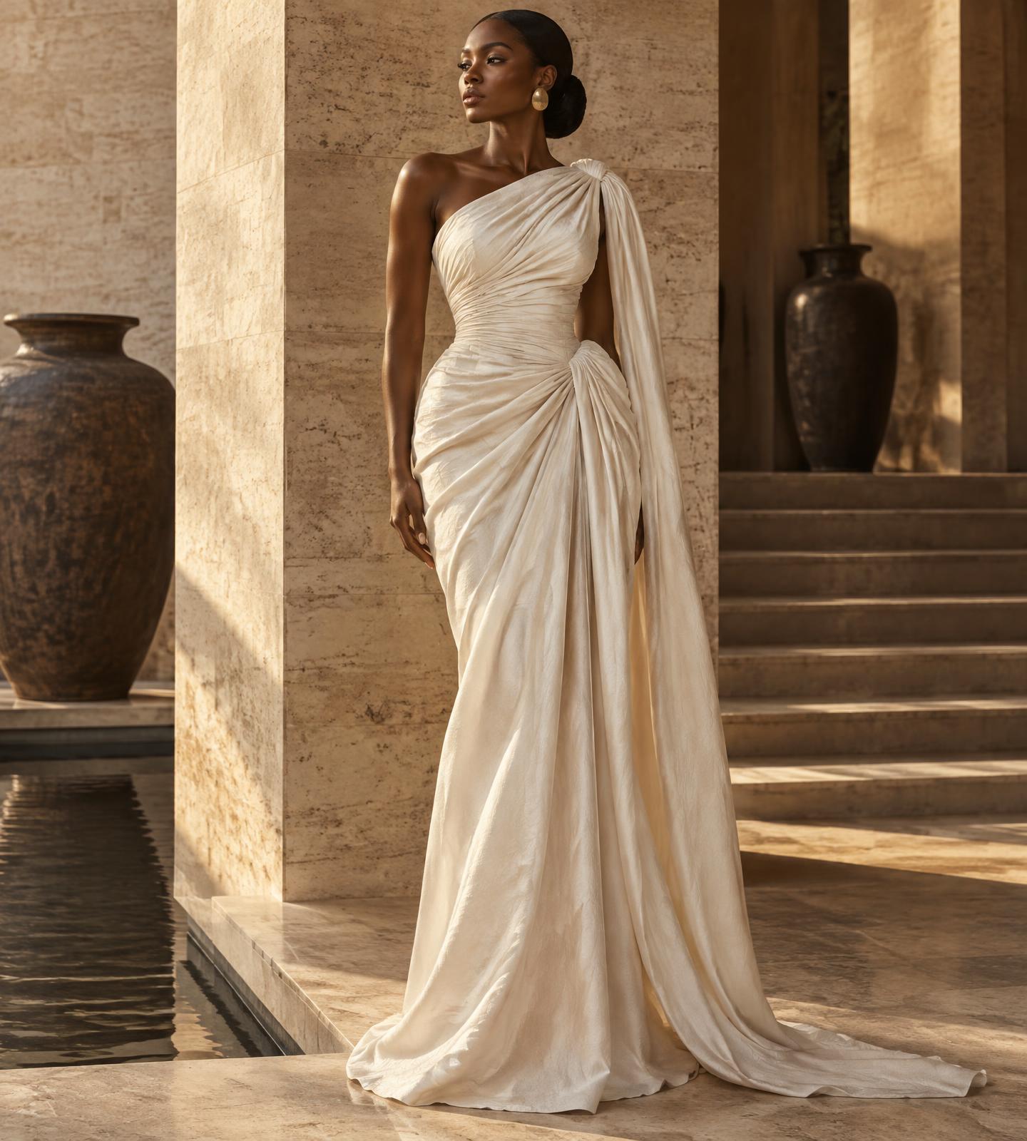 Model wearing a sculptural ivory Origho Atelier gown